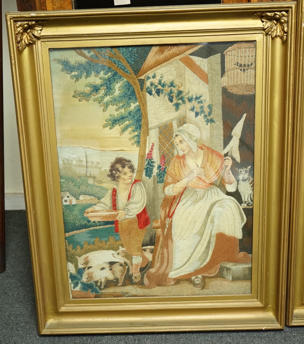 Two Regency silk embroidered and painted figurative panels. Both mother and child scences. One an intimate farmyard scene, embroidered with mother and child, flowers, a cat and pigs. The other of a mother helping her chi